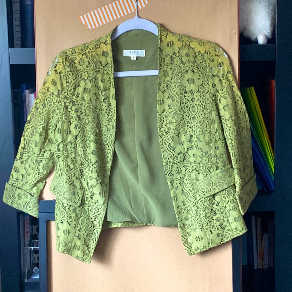GAEA Los Angeles muted green lace blazer